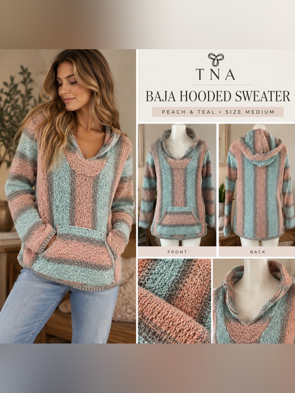 TNA Baja Hooded Sweater Cozy Multicolor Peach & Teal Size Medium